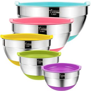 Mixing Bowls with Airtight Lids, Wildone Stainless Steel Nesting Mixing Bowls Set of 5, with Non-Slip Colorful Silicone Bottoms, Size 7, 3.5, 2.5, 2, 1.5QT, Ideal for Mixing & Serving