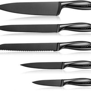 Kitchen Knife Set 5 Piece WELLSTAR, Razor Sharp German Stainless Steel Black Oxide Blade with Comfortable Handle, Chef Carving Bread Utility Paring for Cutting Slicing Dicing and Peeling, Gift Box
