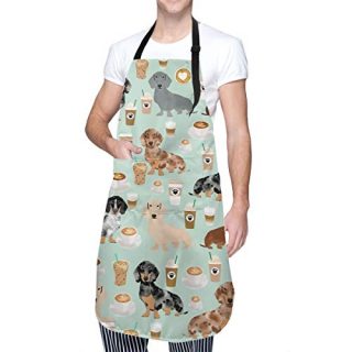 FUNINDIY Funny Bib Apron with 2 Pockets and Extra Long Ties, Waterdrop Resistant Adjustable Kitchen Chef Apron for Men Women - Cute Colored Coffee Dachshund Apron - 33" x 28"