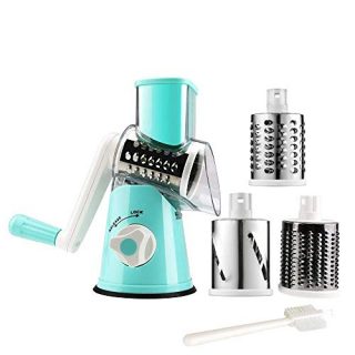 Manual Rotary Cheese Grater Round Vegetable Potato Carrot Mandoline Slicer Nuts Grinder with Cleaning Brush for Kitchen(blue)