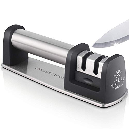 Zulay Premium Quality Knife Sharpener for Straight and Serrated Knives Stainless Steel Ceramic and Tungsten - Easy Manual Sharpening for Dull Steel, Paring, Chefs and Pocket Knives