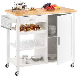 kealive Kitchen Island on Wheels White Rolling Kitchen Island with Storage Wood Top Wine Shelf Cabinet Handle Rack Drawer, Home Style 41.3L x 18.9W x 35H