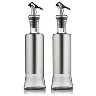 FARI Stainless Steel Olive Oil Dispenser Bottle Set, 2 Pack of 10oz Glass Cooking Oil & Vinegar Cruet Set for Kitchen and BBQ