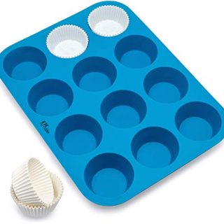 Silicone Muffin & Cupcake Baking Pan 12 Cup - Free Paper Muffin Cups +eBook - Non Stick, BPA Free, 100% Silicon & Dishwasher Safe Bakeware Pans/Tin - Blue Kitchen Rubber Tray & Mold for Keto Fat Bombs