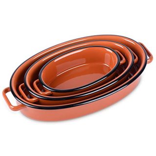 Bakeware Set, NEWANOVI Ceramic Baking Dish, Ellipse Baking Pans Lasagna Pans for Cooking, Kitchen, Cake Dinner, Banquet and Daily Use, 13 inch, 10.4 inch, 7.7inch, Orange Red