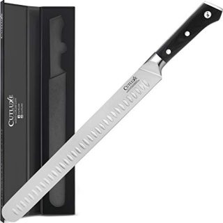 Cutluxe Slicing Carving Knife – 12 Inch Granton Edge Kitchen Knife Forged of High Carbon German Steel – Ergonomic Handle – Full Tang Razor Sharp Blade for Slicing Brisket Turkey Meat
