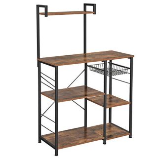 VASAGLE ALINRU Baker’s Rack with Shelves, Kitchen Shelf with Wire Basket, 6 S-Hooks, Microwave Oven Stand, Utility Storage for Spices, Pots, and Pans, Rustic Brown and Black UKKS35X