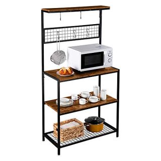 ROVSUN Multiuse 4-Tier Metal Kitchen Bakers Rack, Microwave Storage Rack Oven Stand with Mesh Panel, Storage Organizer Workstation Industrial Style (33.3" x 15.8" x 66.93")