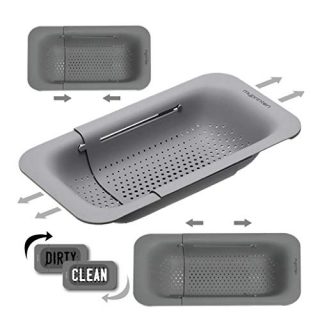 MyPrintOn's Food Grade Extendable Colander Strainer Basket- Over the Sink Colander with Matching Waterproof Dishwasher Clean Dirty Magnet - Wash Fruits, Vegetables, Drain Pasta (Gray)