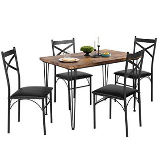 VECELO Rustic Country Set Wooden Table and 4 Chairs with Metal Legs for Breakfast Nook, Kitchen, Dining Room-4 Placemats Included, Black