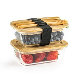 Glass Food Containers (Set of Two - 640 ml) Plastic Free, BPA Free Bento Box. Includes Bamboo Cutlery & Adjustable Wrap.