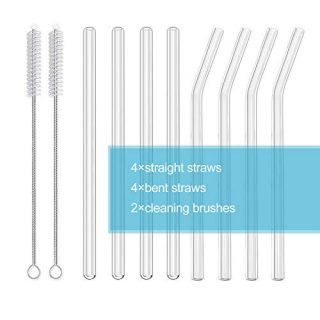 Set of 8 reusable glass drinking straws, including straight and bent designs with cleaning brushes, perfect for hot and cold drinks. 