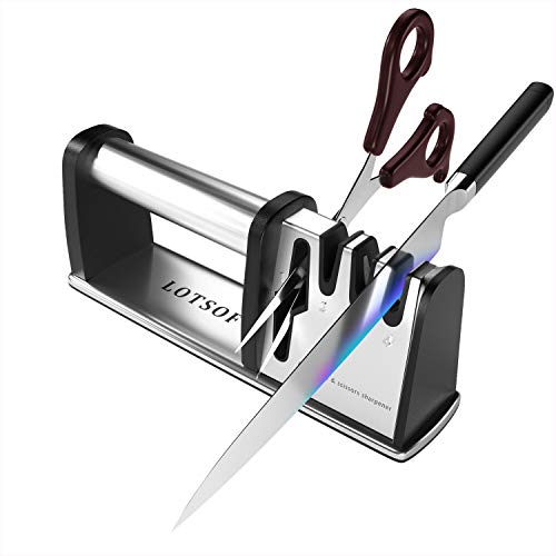 Knife Sharpeners Scissor Sharpening Multi-tool 4 in 1 Knives, Non Slip Grip Easy Manual Kitchen Knife Sharpener