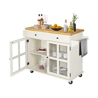 LAZZO Kitchen Island on Wheels Rolling, Home Kitchen Cart with Pine Countertop, Large Storage Trolley Cart with Cabinet, Drawer, Spice Rack, Towel Rack&Handle,Store Dining Utensils&Tableware (Beige)