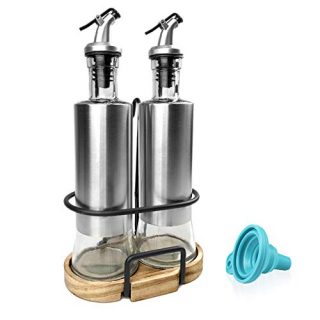 Olive Oil and Vinegar Bottle Set, 2-piece Olive Oil Container Set with Rack and Wooden Base, 10.3 Oz Olive Oil Dispenser|No-Drip Double Spouts|Dishwasher-Safe Glass Cooking Oil Cruet Bottles, by upra