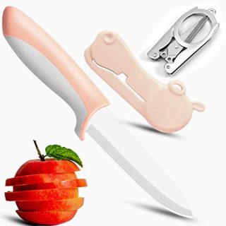 Premium Ceramic Knife 4 inches, Kitchen Utility Knife - Ultra Sharp Fruit Knife for Vegetable Food with Hippo Shaped Cover, Small Portable Paring Knives Food knife with Sheath, Pink, by Jonbyi