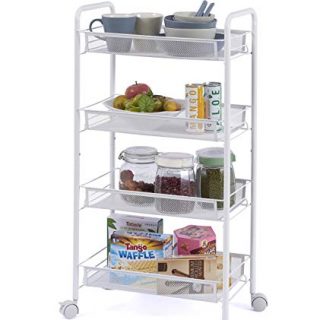 OVICAR 4 Tier Mesh Wire Rolling Cart, Kitchen Storage Organizer Utility Cart, Full Metal Basket Storage Art Trolley Carts with Wheels & 4 Side Hooks