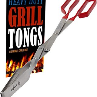 Grill Tongs - Heavy Duty Barbecue Grilling Tong w Red PVC Handle - Long Stainless Steel BBQ Tool - Wide Grip Kitchen Tongs w Knife Edge - Grill Tools - New 2020 Model