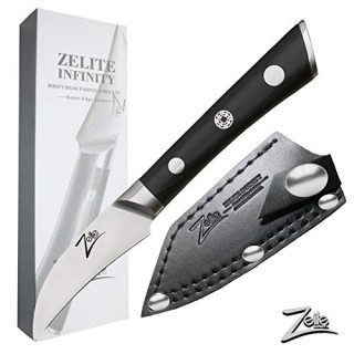 Zelite Infinity Bird’s Beak Paring Knife 2.75 Inch - Razor-Edge Series - Japanese AUS-8 High Carbon Stainless Steel - Pakkawood Handle, Leather Sheath