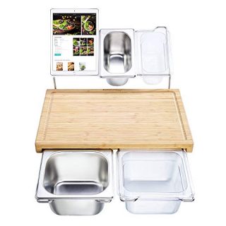 Extensible Bamboo Cutting Board Set with 4 Containers for Kitchen with Juice Groove, Eco-friendly Chopping and Serving Board for Meats Bread Fruits