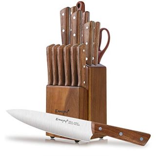 Emojoy Knife Set，15-piece Knife Set with Block，Knives Set for Kitchen，German Stainless Steel Knife Set with Sharpener,Steak Knives for Chef Knife Set with Wooden Handle