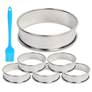 6 Pieces Muffin Tart Rings + Silicone Oil Brush, 3.15 Inch Double Rolled Tart Ring, Stainless Steel Muffin Rings, Crumpet Rings Molds for Shortbread Puff Pastry Small Flan Mousse Cake Ring