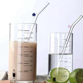 By-Heart Clear Glass Straws 3 Pcs with 2 Cleaning Brushes, 9 in X 8 mm Reusable Premium Glass Bent Straws with Cute Blossom at The Top, BPA Free, for Water, Tea, Juice, Milkshakes