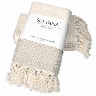Sultana Luxury Linens Turkish Hand Towels Set of 4 | Cotton | Bath, Dishcloth, Tea, Kitchen, Gym, Yoga, Hair, Face (Oatmeal)