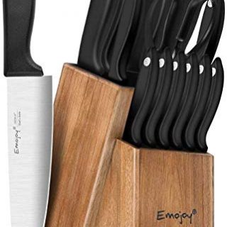 Knife Set, 15-Piece Kitchen Knife Set with Sharpener Wooden Block and Serrated Steak Knives,Emojoy Germany High Carbon Stainless Steel Knife Block Set