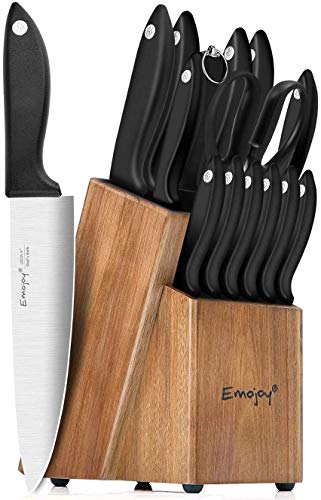 Knife Set, 15-Piece Kitchen Knife Set with Sharpener Wooden Block and Serrated Steak Knives,Emojoy Germany High Carbon Stainless Steel Knife Block Set