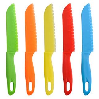 ONUPGO 5 Pieces Kids Kitchen Knife Set, Toddler’Plastic Kitchen Knife Set - Kids Safe Cooking Knives, Chef Nylon Knife/Children's Fruit Knife, Cake Knife，Bread Knife, Lettuce Knife or Salad Knife
