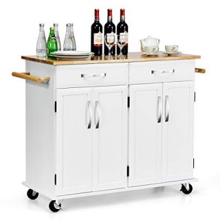 Giantex Kitchen Trolley Cart, Rolling Utility Island w/Rubber Wood Top, Large Storage Easy-Clean with Smooth Lockable Wheels Home Kitchen Carts (White)