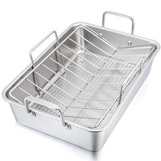 15¼" Roaster Roasting Pan with Baking Rack and V-shaped Rack, P&P CHEF Stainless Steel Rectangular Lasagna Pan with Handles for Turkey Chicken, Heavy Duty & Healthy & Dishwasher Safe, 3 Pieces