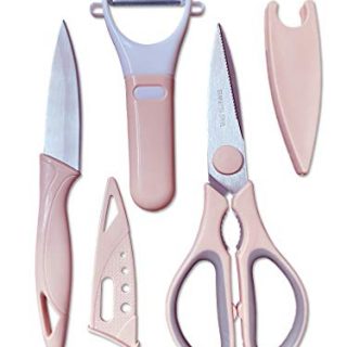 JS Kitchen Tool Set with Kitchen Shears for Cutting Poultry, Chicken, Meat, Herbs, Vegetables and Fish,Pink Kitchen Gadgets Set with Melon Planing Fruit Knife and Peeler.