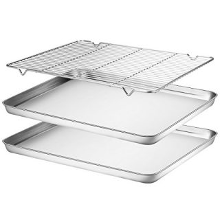 Baking Sheets 2 Pieces with A Rack, HKJ Chef Cookie Sheets and Nonstick Cooling Rack & Stainless Steel Baking Pans & Toaster Oven Tray Pan, Rectangle Size 16 x 12 x 1 inch & Non Toxic