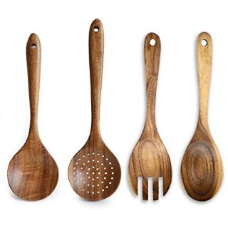 4 Pcs Luxury Acacia Wood Cooking Spoons Set-Mixing Spoon, Salad Fork, Slotted Spoon, Serving Spoon-Wooden Kitchen Utensil Tools Gadgets by Renawe