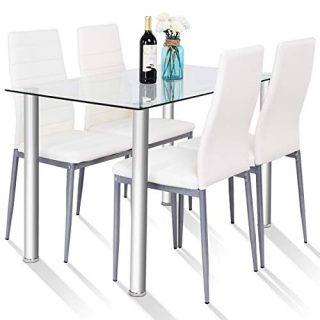 RELAX4LIFE Dining Table Set of 4 with Glass Top and PVC Leather Chairs for Dining Room, Kitchen, Dinette,Restaurant Kitchen Table and Chairs Set