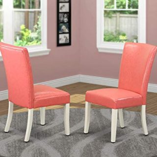 East West Furniture Parsons Chairs - Luxury Pink Flamingo PU Leather, Solid Wood Linen White Finish Legs Modern Dining Chairs - Set of 2
