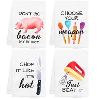 CiyvoLyeen Funny Kitchen Towels Set of 4 Dishcloths White Hand Towels Kit Printed with Funny Sayings Novelty Gift for Christmas Housewarming Birthday Party Watercolor Style