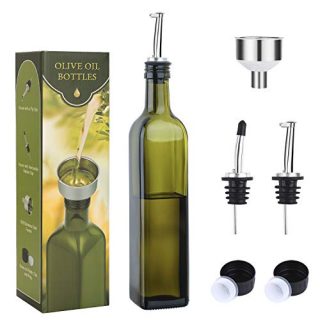 Aozita 17oz Glass Olive Oil Bottle - 500ml Green Oil & Vinegar Cruet with Pourers and Funnel - Olive Oil Carafe Decanter for Kitchen