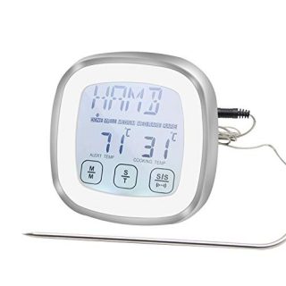 TouchScreen Meat Thermometer, Digital BBQ Grill Thermometer Oven Kitchen Food Smoker Cooking Backlight Timer&Alarm for Cooking Turkey, Fish, Ham&Pork(Waterproof, Silver)