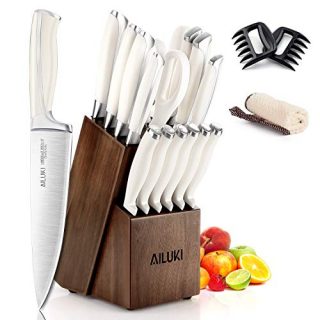 Knife Set, AILUKI 19 - Piece Kitchen Knife Set with Block Wooden and Sharpener, Professional High Carbon German Stainless Steel Chef Knife Set, Ultra Sharp Full Tang Forged White Knives Set (White)