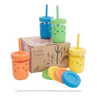 Elk and Friends Kids & Toddler Cups | The Original Glass Mason jars 8 oz with Silicone Sleeves & Silicone Straws with Stoppers | Smoothie Cups | Spill Proof Sippy Cups for Toddlers