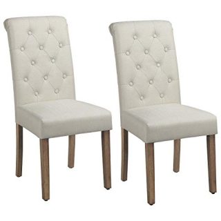 Yaheetech Solid Wood Dining Chairs Button Tufted Parsons Diner Chair Upholstered Fabric Dining Room Chairs Kitchen Chairs Set of 2, Beige