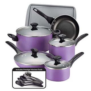 Farberware Dishwasher Safe Nonstick Cookware Pots and Pans Set, 15 Piece, Purple