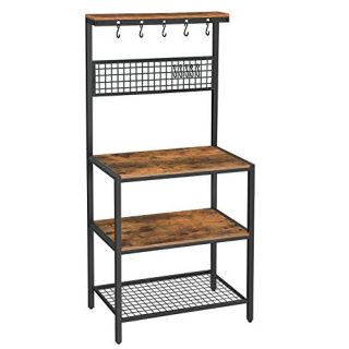 VASAGLE ALINRU Kitchen Bakers Rack Cupboard with 10 Hooks, Mesh Panel, 3 Shelves, and Adjustable Feet, for Microwave Oven Cooking Utensils, Industrial, Rustic Brown UKKS17BX