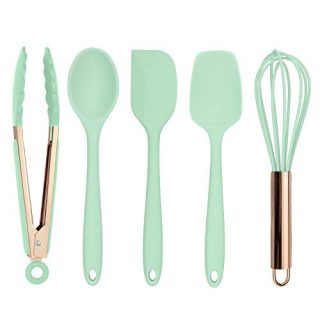 Cook with Color Silicone Cooking Utensils, 5 Pc Kitchen Utensil Set, Easy to Clean Silicone Kitchen Utensils, Cooking Utensils for Nonstick Cookware, Kitchen Gadgets Set - Mint Green and Copper
