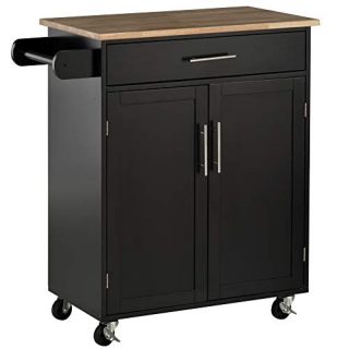 HOMCOM Wooden Kitchen Large Storage Island on 360° Swivel Wheels Cart with Drawer, Interior Cabinet & Towel Rack Black