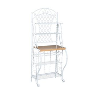 Trellis Bakers Rack w/ Scroll Work - White Metal Frame & Oak Finish Shelf - Chic Design