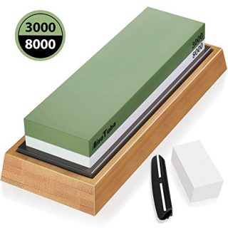 AivaToba Sharpening Stones 2 Side Grit 3000/8000 Whetstone - Kitchen Knife Sharpener Waterstone with Flattening Stone, Non-Slip Bamboo Base, Angle Guide, Polishing Stone for Kitchen & Chef Knives